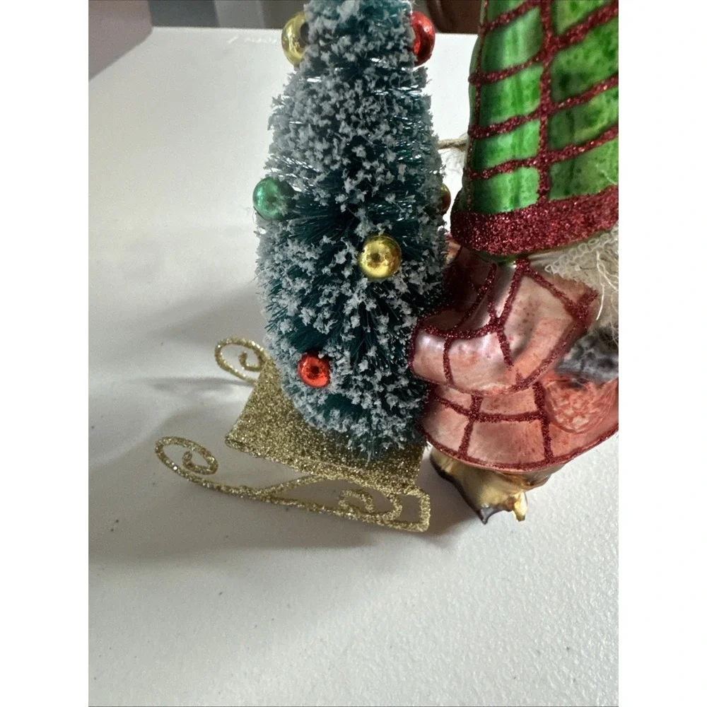 POTTERY BARN - New Mercury Glass GNOME Ornament Sled Faux Fur Beard - Set Of 2